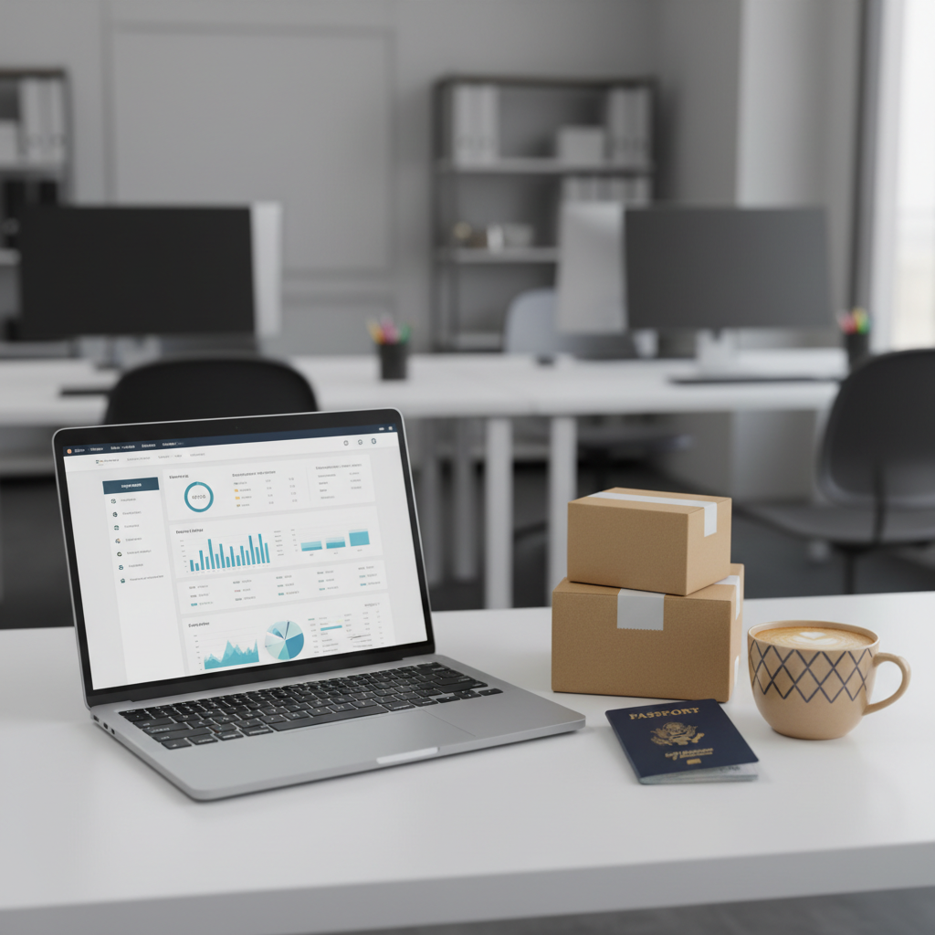 Non-US Amazon FBA seller deciding between Wyoming and Delaware LLC in 2026, laptop displaying FBA, global business focus.