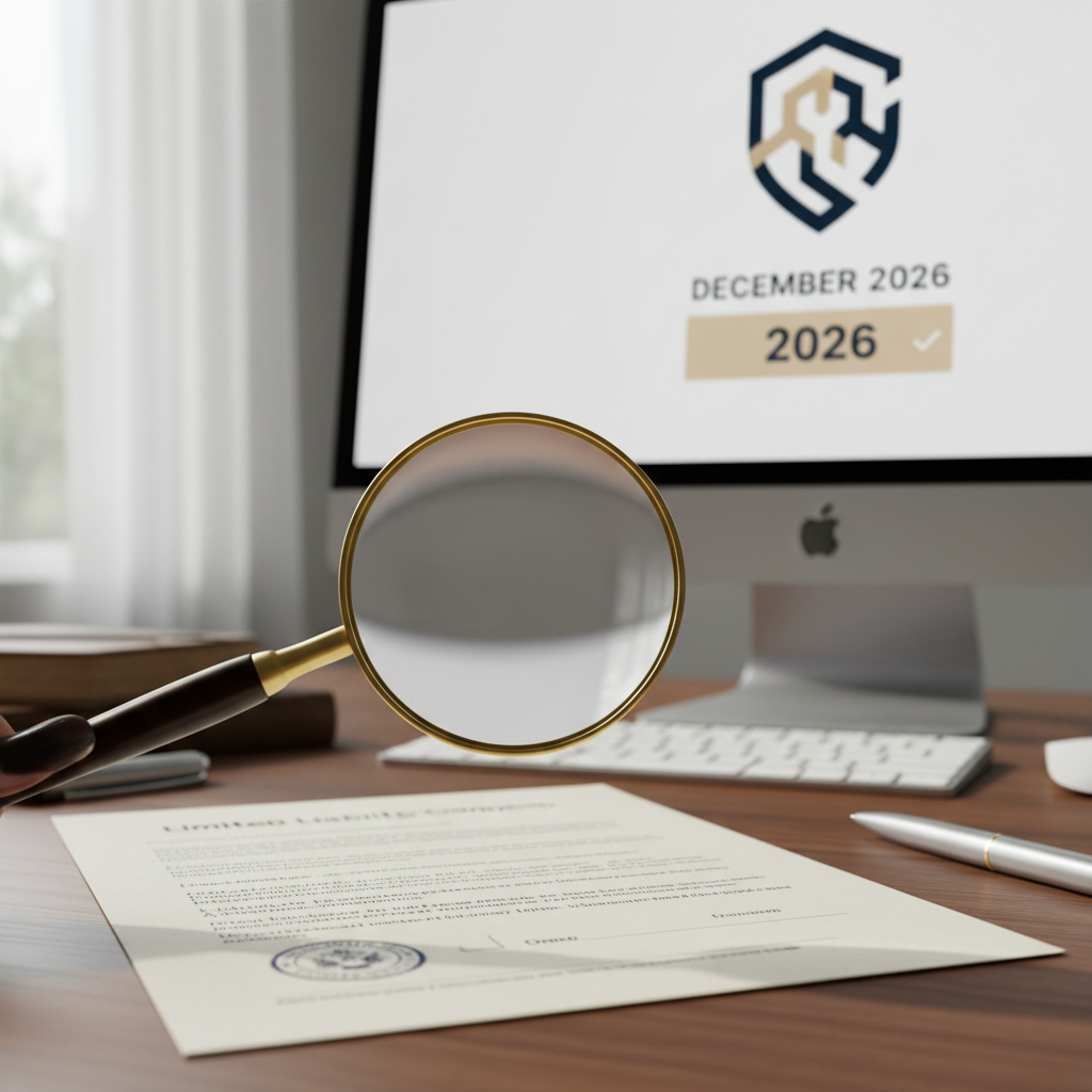 Magnifying glass examining US LLC documents, symbolizing the scrutiny of Beneficial Ownership Information (BOI) reporting for non-US owners in 2026.