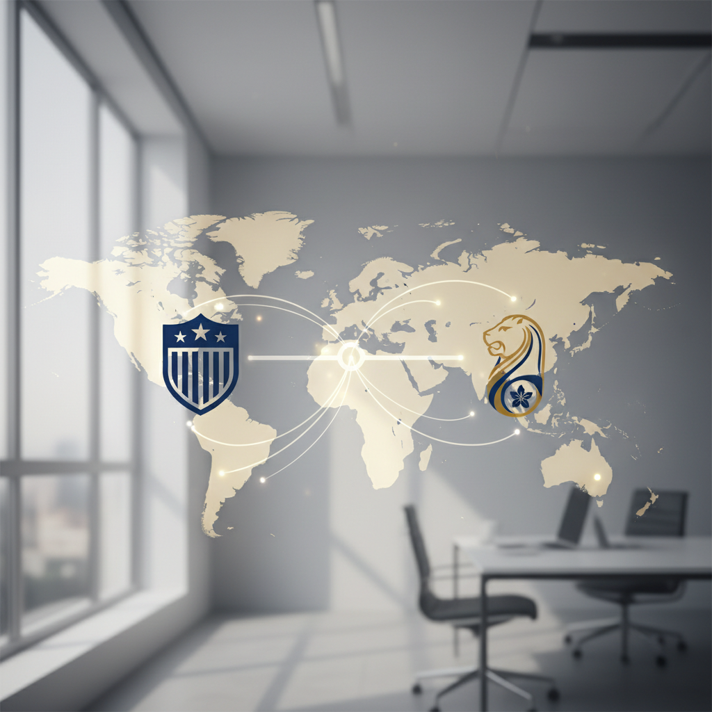 US LLC and Singapore Pte Ltd logos interconnected on a world map, representing a dual company strategy for non-residents in 2026.