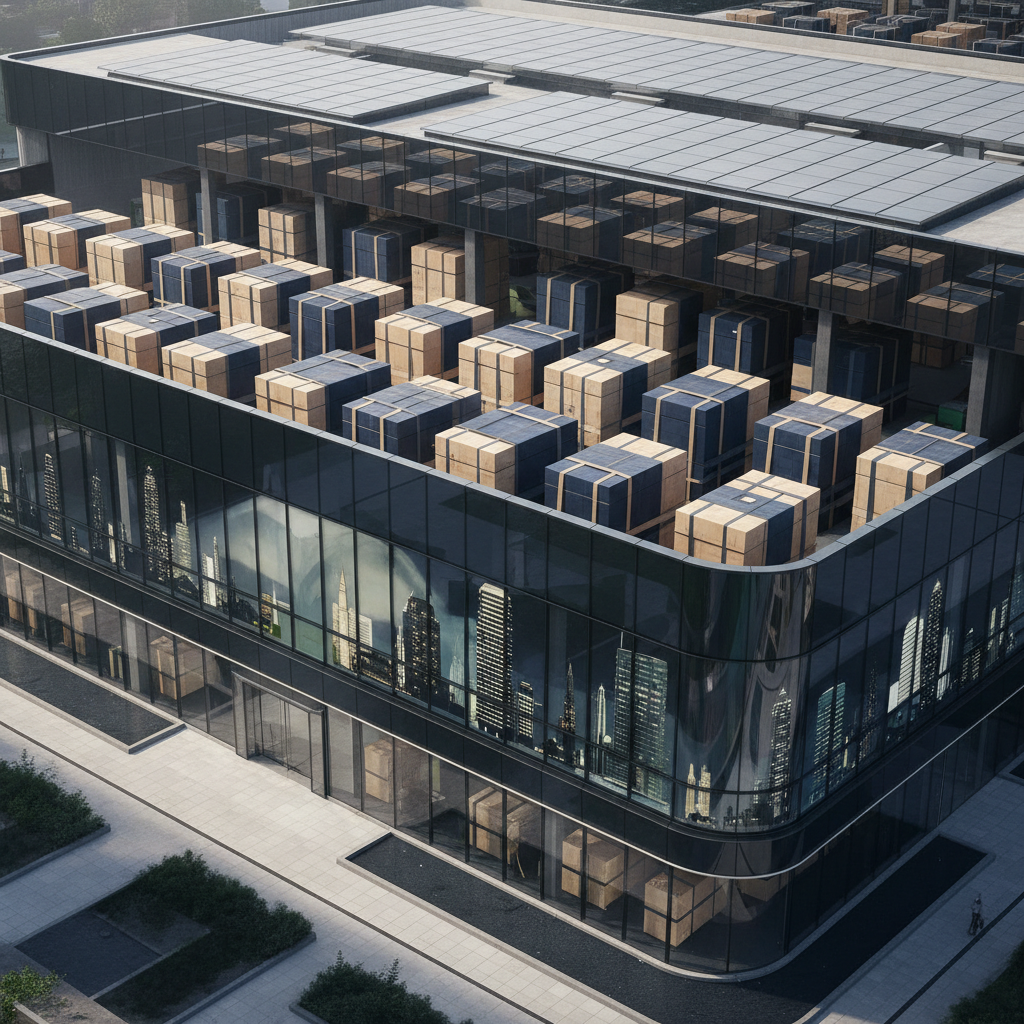 Aerial view of a global e-commerce fulfillment center symbolizing a US LLC and UK Ltd dual company strategy for non-US founders in 2026