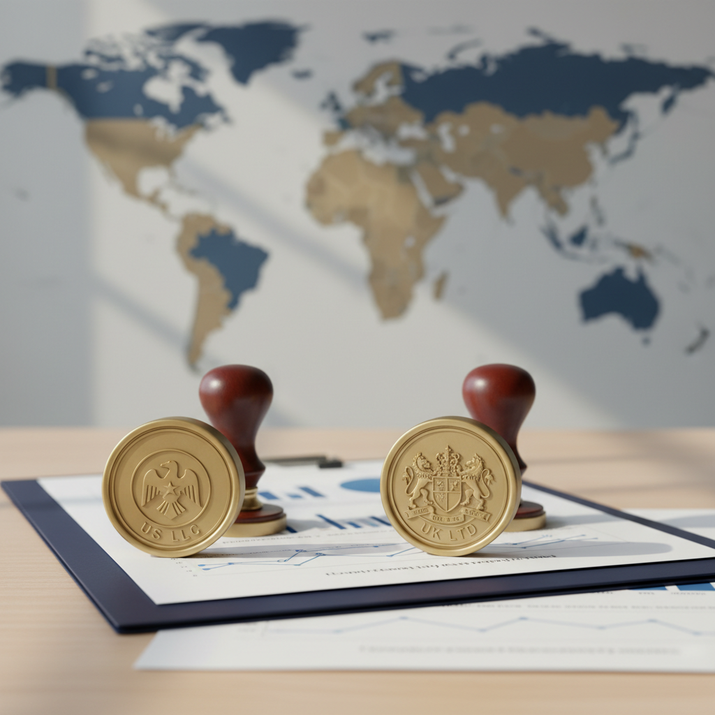 Two company seals, US LLC and UK Ltd, on a desk with documents, symbolizing the dual company strategy for non-residents in 2026.