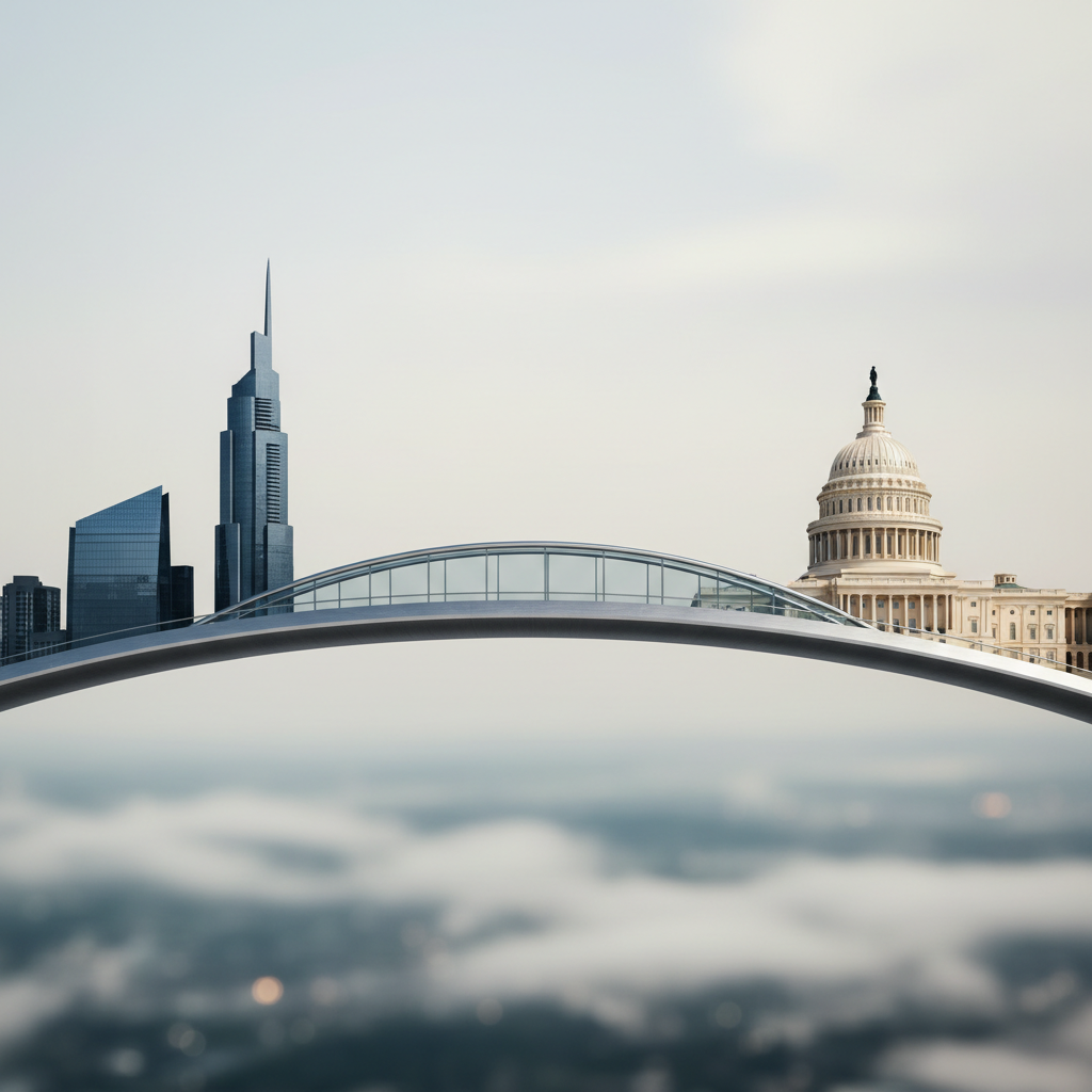 Conceptual image of a bridge connecting Dubai and USA buildings, representing the US LLC and Dubai Mainland strategy for e-commerce in 2026.
