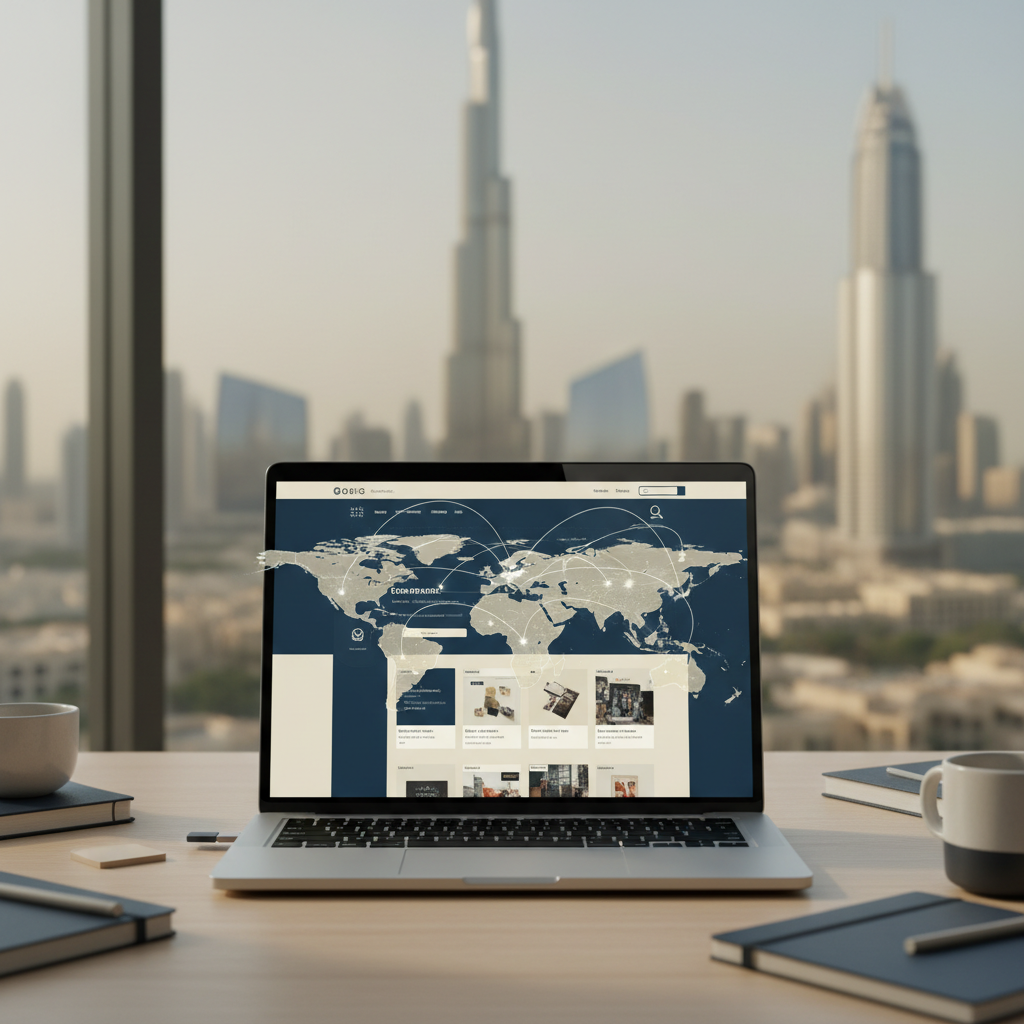 Non-US founder's laptop with a global eCommerce website, symbolizing the US LLC and Dubai Mainland dual company strategy for tax optimization in 2026.