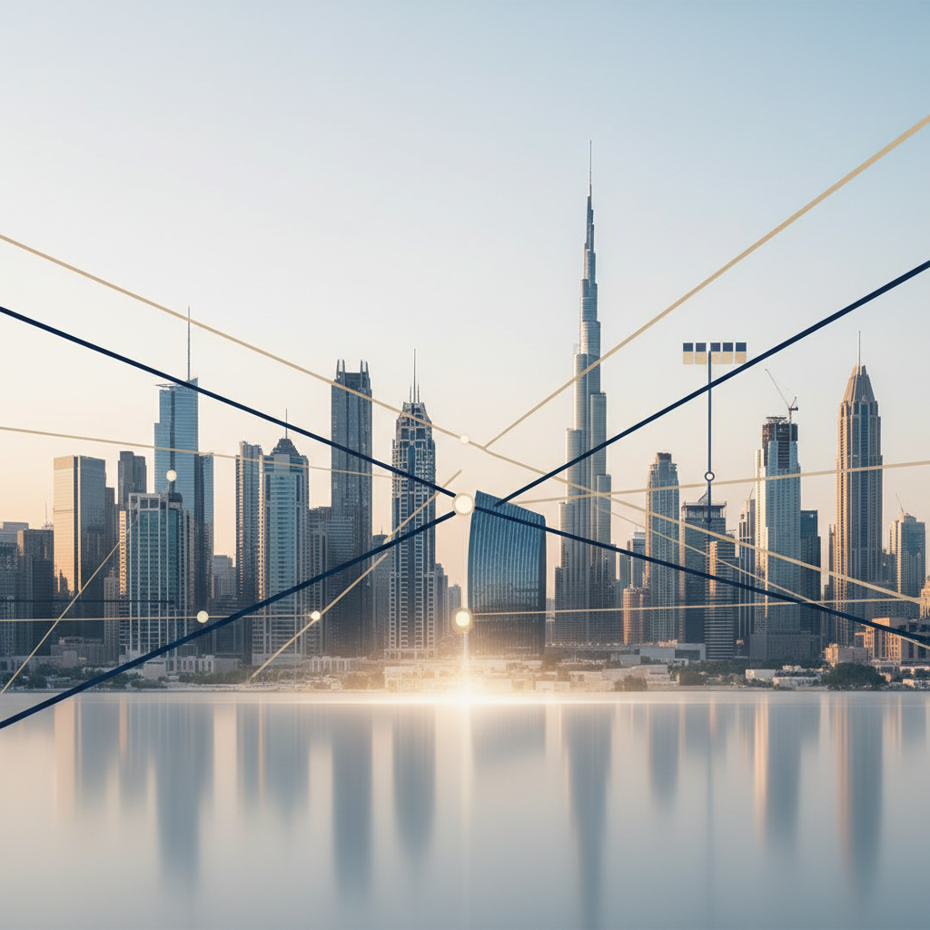 US and Dubai skylines interconnected, symbolizing a dual company strategy for SaaS founders in 2026.