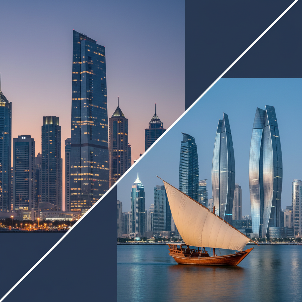 US and Dubai skylines representing the dual company strategy for services in 2026, combining a US LLC with a Dubai Mainland company.