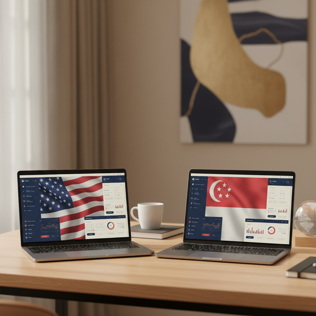 US LLC and Singapore Pte Ltd dual company strategy for digital products in 2026 with laptops showing country flags