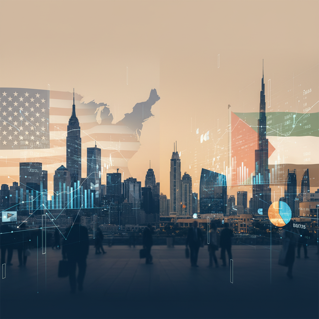 Two skylines side-by-side, Manhattan and Dubai, symbolizing the US LLC and UAE Free Zone dual company strategy for e-commerce in 2026.