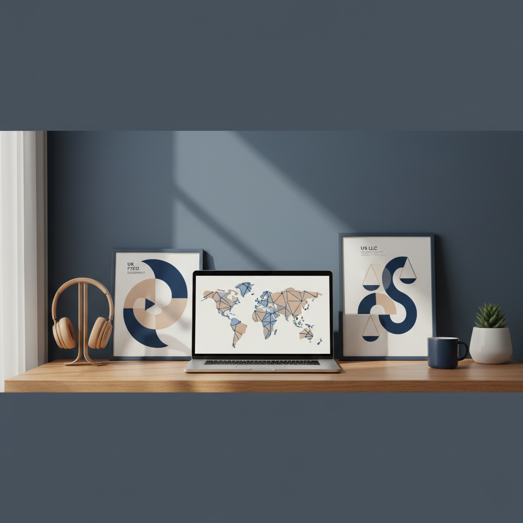 Desk with laptop and global map, symbolizing US LLC and UK FZCO dual company strategy for non-US founders selling digital products in 2026.