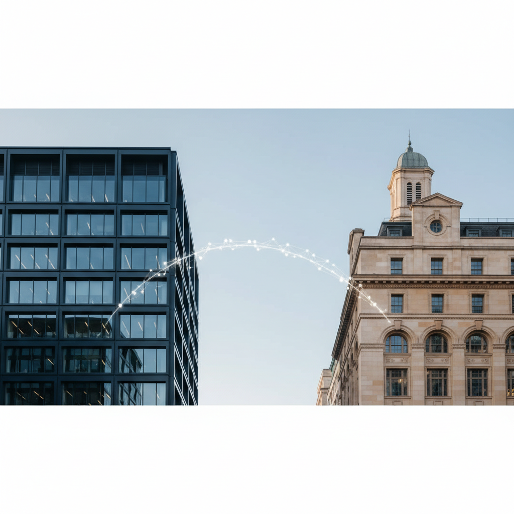 Two buildings, one US, one UK, connected by digital lines, representing a dual company strategy for non-residents in 2026.