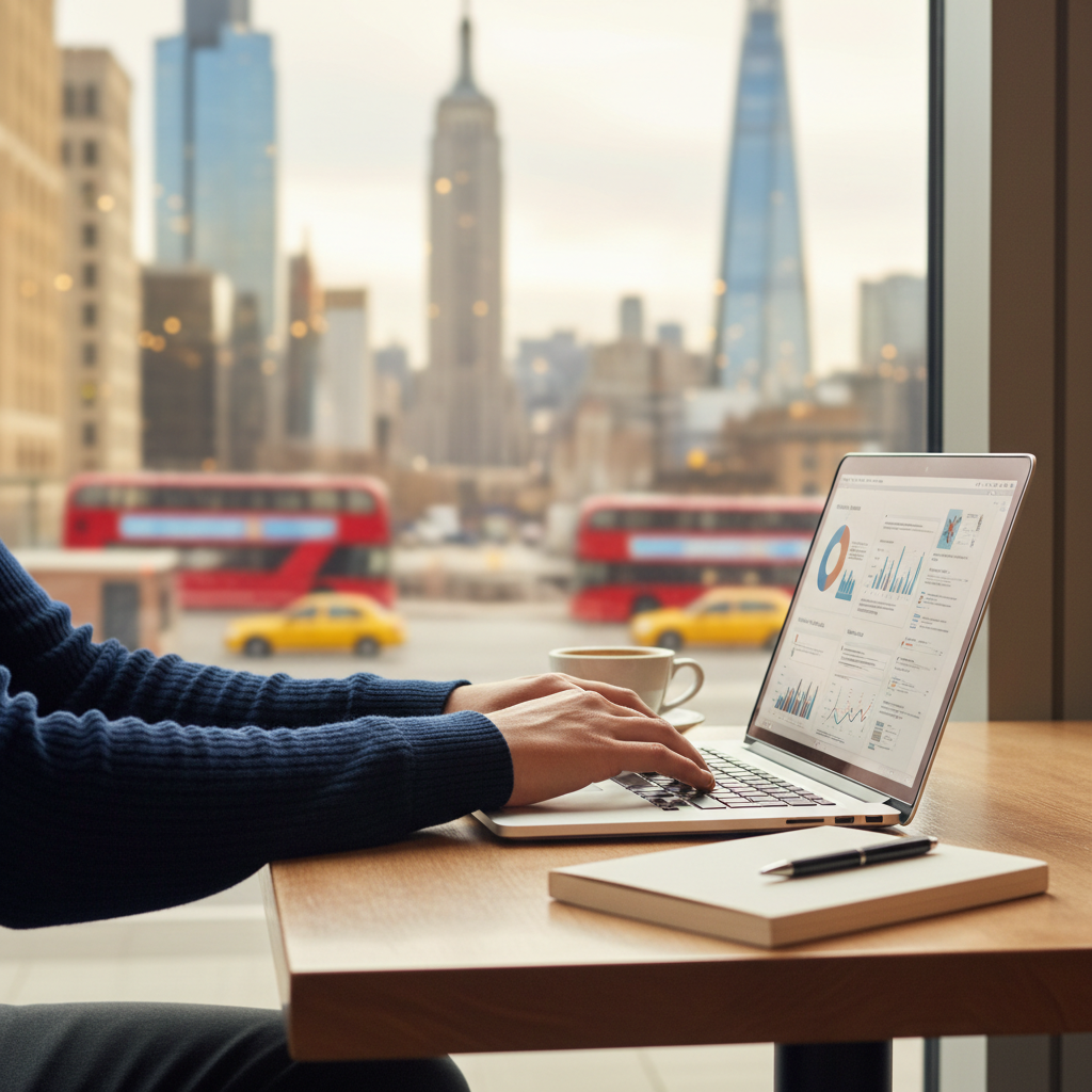 Digital nomad working with a laptop, representing a dual company strategy with a US LLC and UK Ltd for remote business management in 2026.