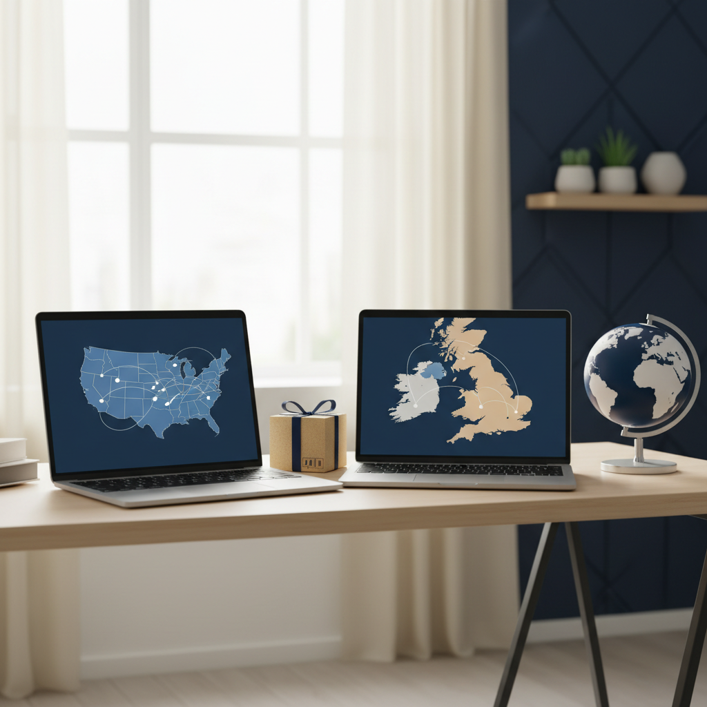Desk with two laptops displaying maps of the US and UK, symbolizing a dual company strategy for non-resident e-commerce founders in 2026.