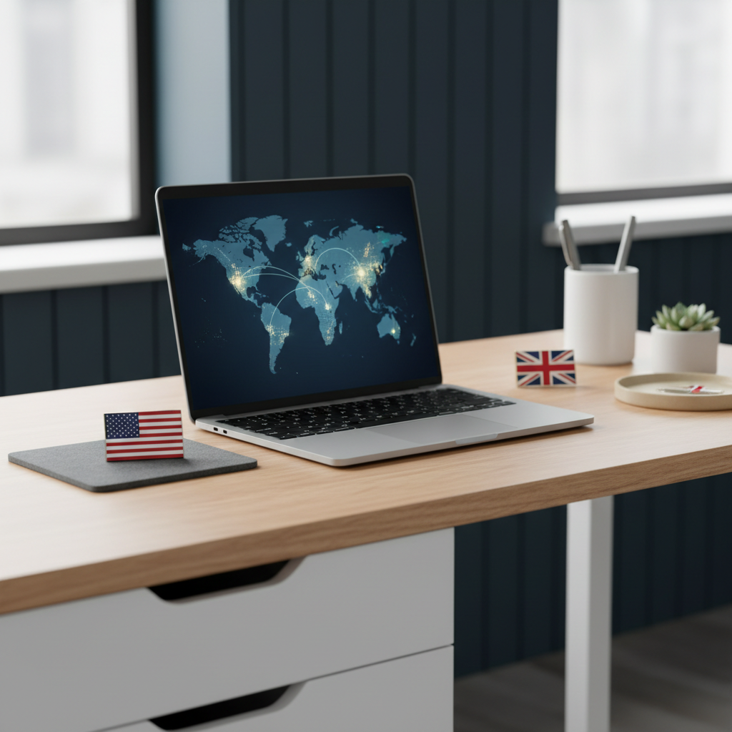 US LLC UK Ltd dual company strategy for non-residents in 2026, showing a map and country flags for global business focus.