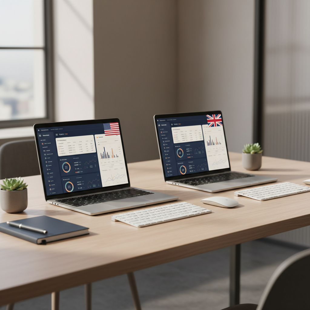 Two laptops representing a US LLC and UK Ltd setup for a SaaS founder, symbolizing international business operations in 2026.
