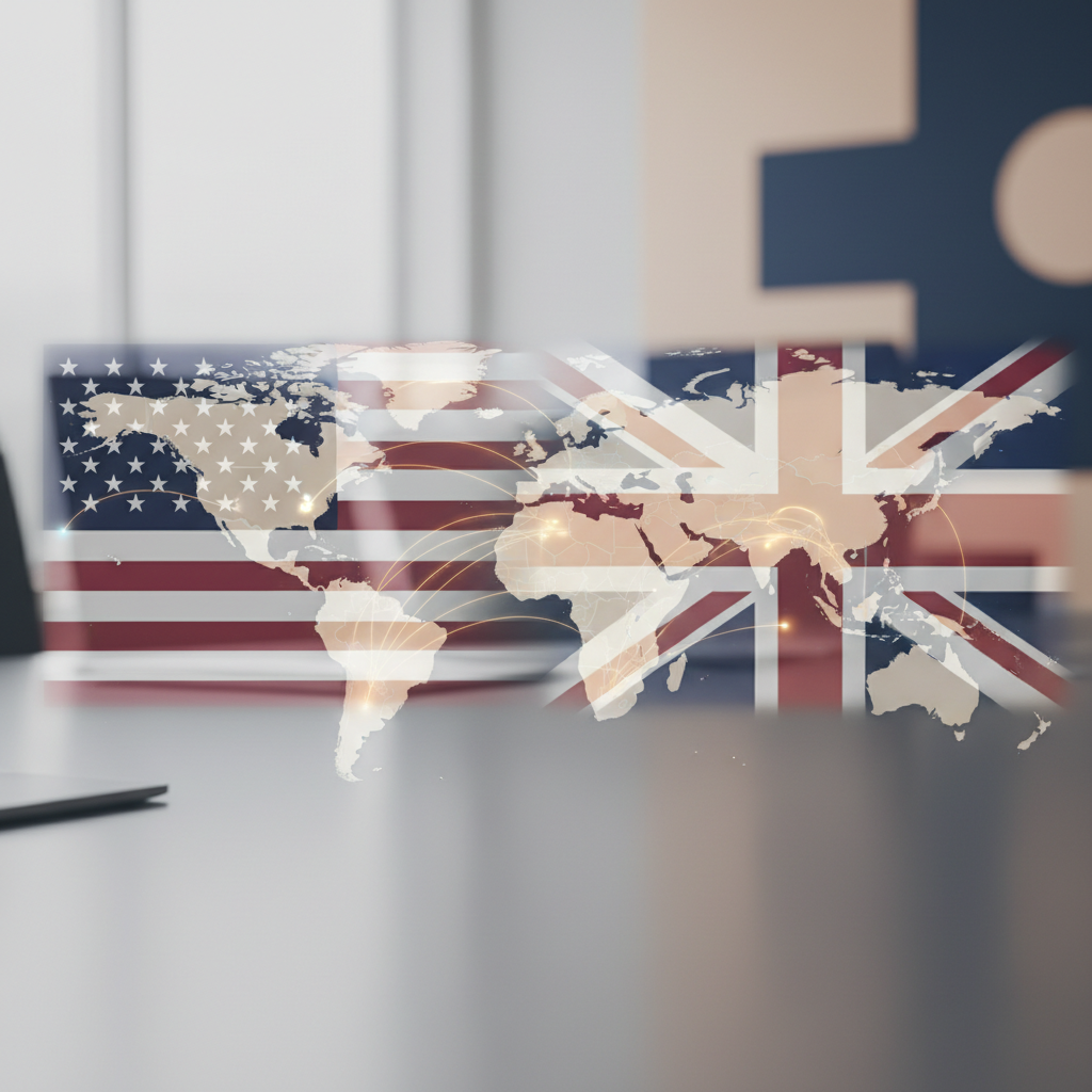 US and UK flags overlaid on world map, symbolizing the dual company strategy for SaaS founders in 2026.
