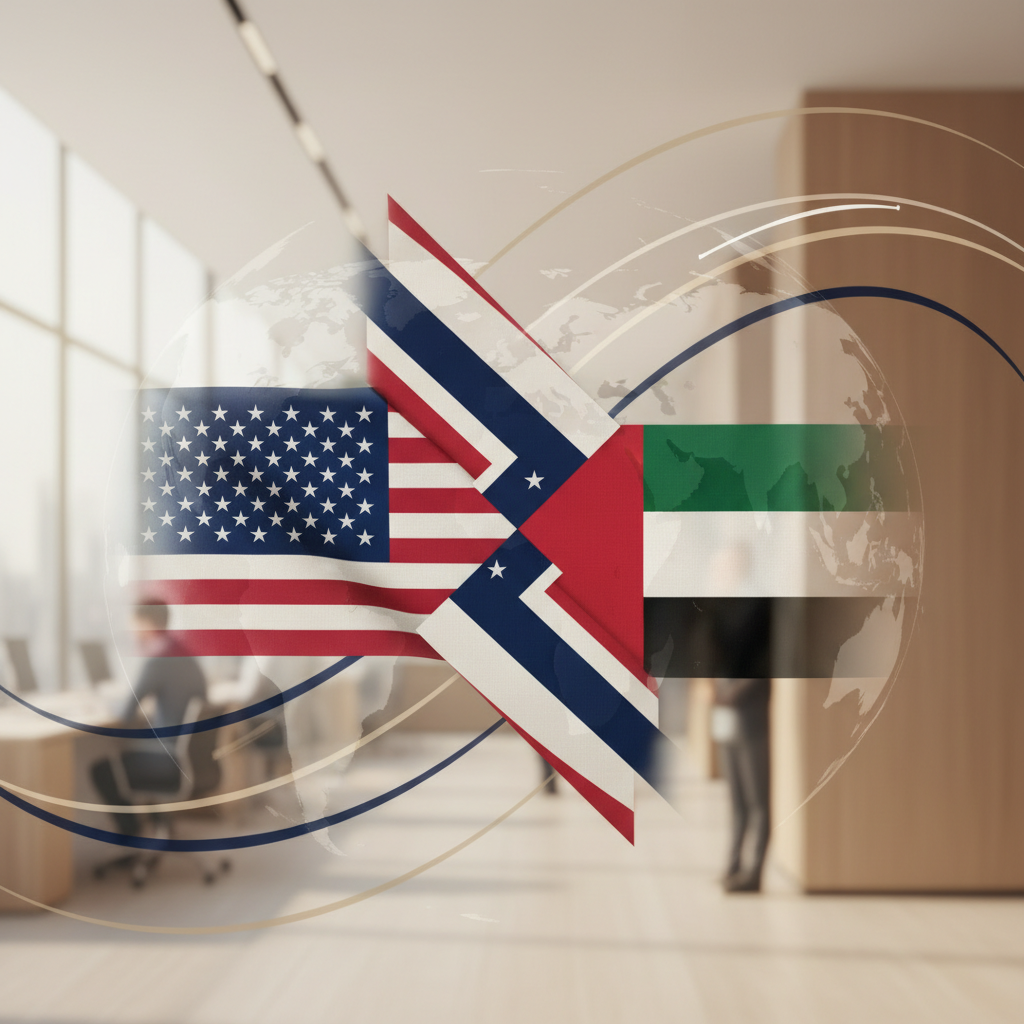 Flags of the United States and UAE, symbolizing a dual company strategy with US LLC and Dubai Mainland for non-residents in 2026.