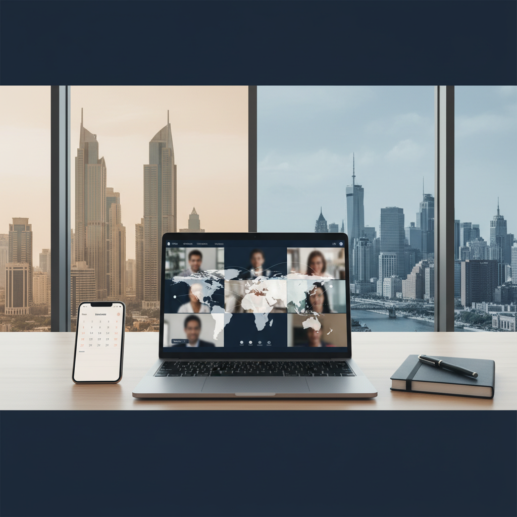 Laptop showing virtual meeting against a backdrop of Dubai and US cityscapes, symbolizing dual company strategy for services in 2026.