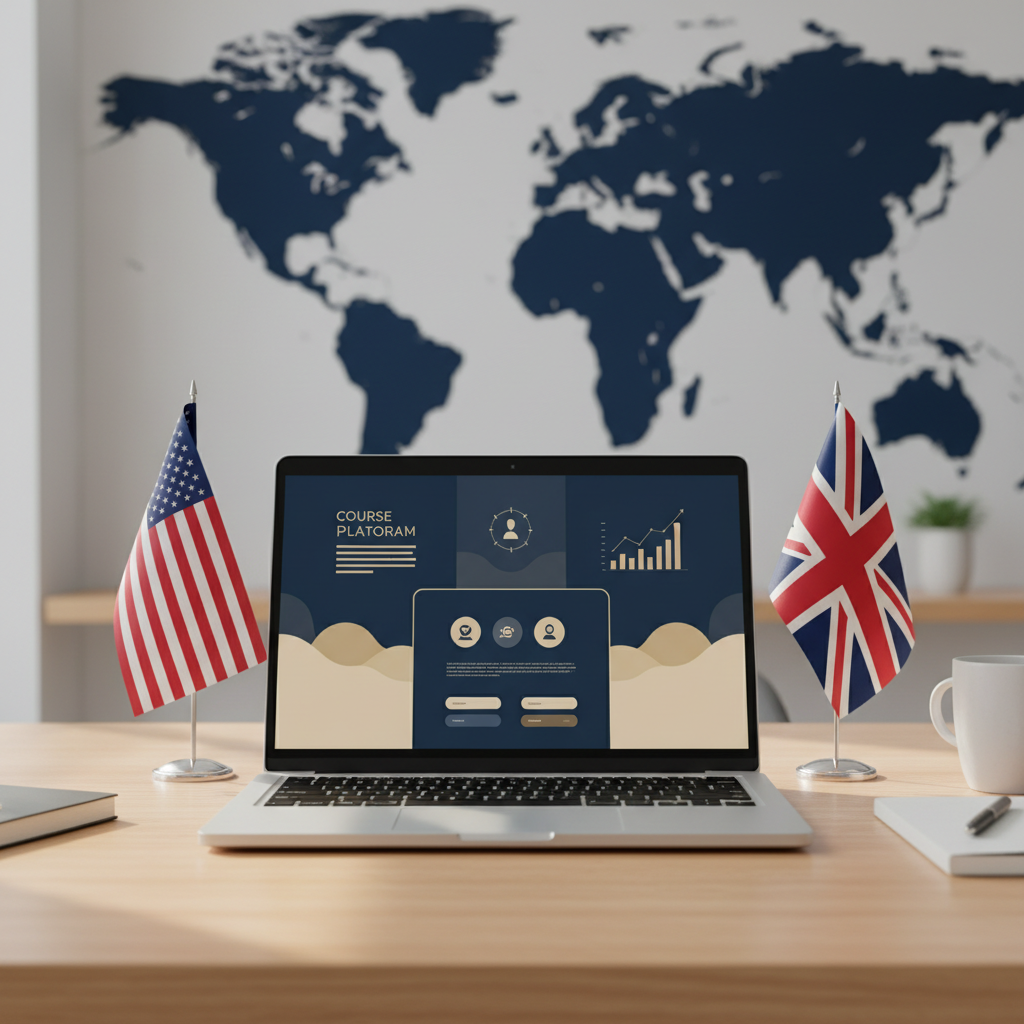 Desk with laptop showing course creation platform and subtle US and UK flags, representing a dual company strategy for course creators in 2026.
