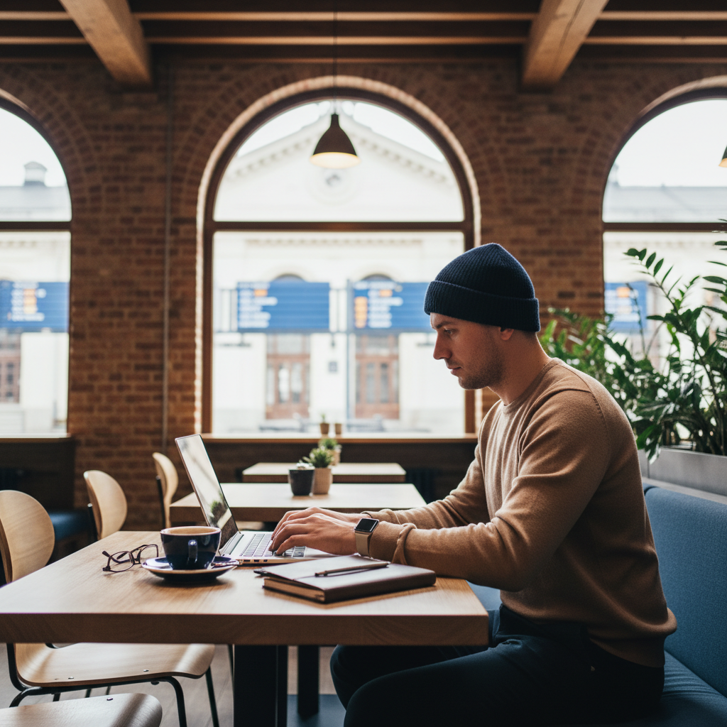 Digital nomad using a laptop in a cafe, managing a US LLC and UK Limited company in 2026 for global business.