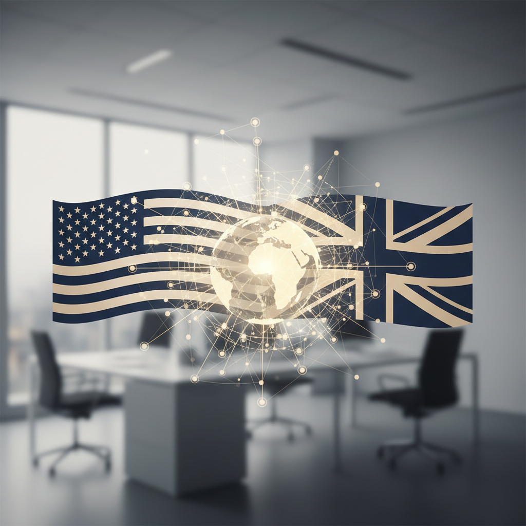 Illustration of US and UK flags connected by lines, representing a dual company strategy for non-resident SaaS founders in 2026.