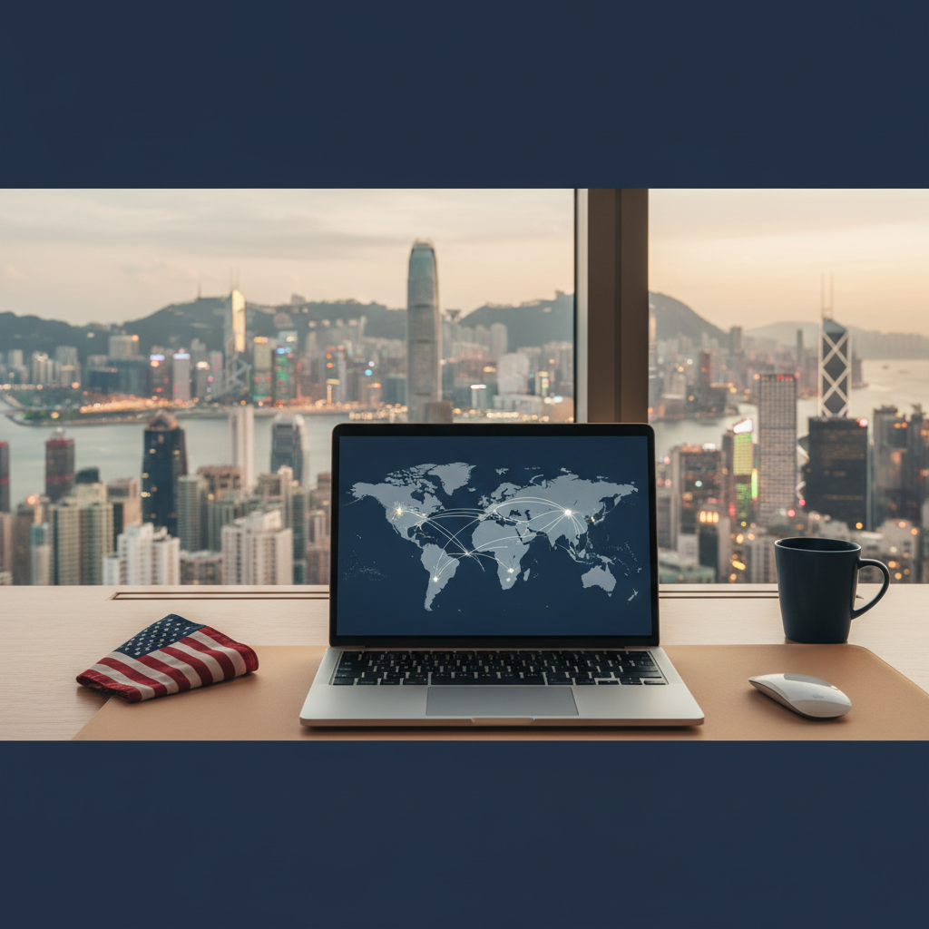 Desk with laptop showing world map, Hong Kong skyline, and US flag, illustrating a non-resident's 2026 Hong Kong company and US LLC dual-nation expansion strategy.
