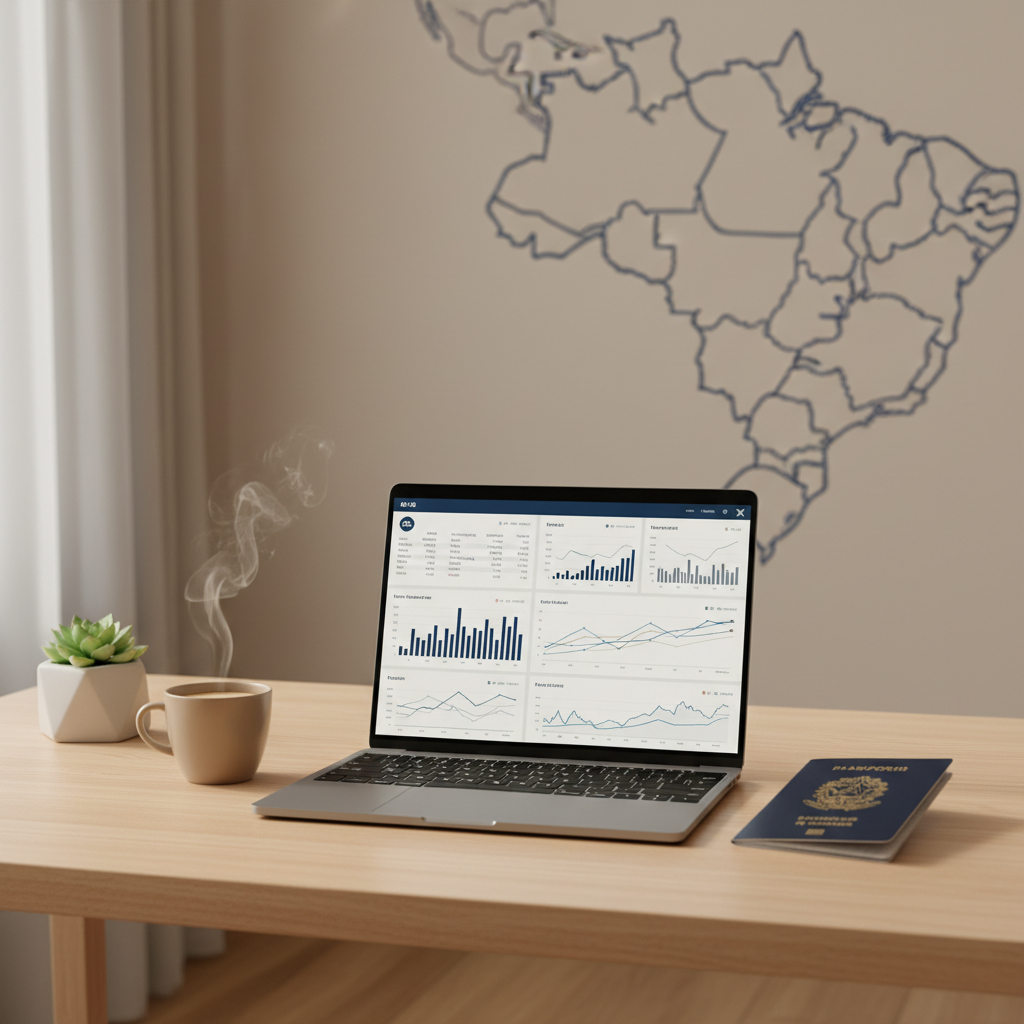 Brazilian founder opening Mercury account for US LLC in 2026 on a laptop, displaying remote banking for non-US residents