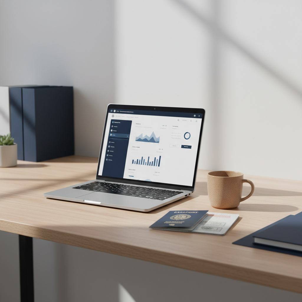 Desk with laptop displaying banking dashboard and passport for Relay Financial non-US resident setup