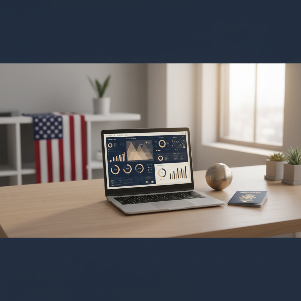 Business dashboard on a laptop with a passport and US flag, representing Stripe Atlas alternatives for non-US founders in 2026