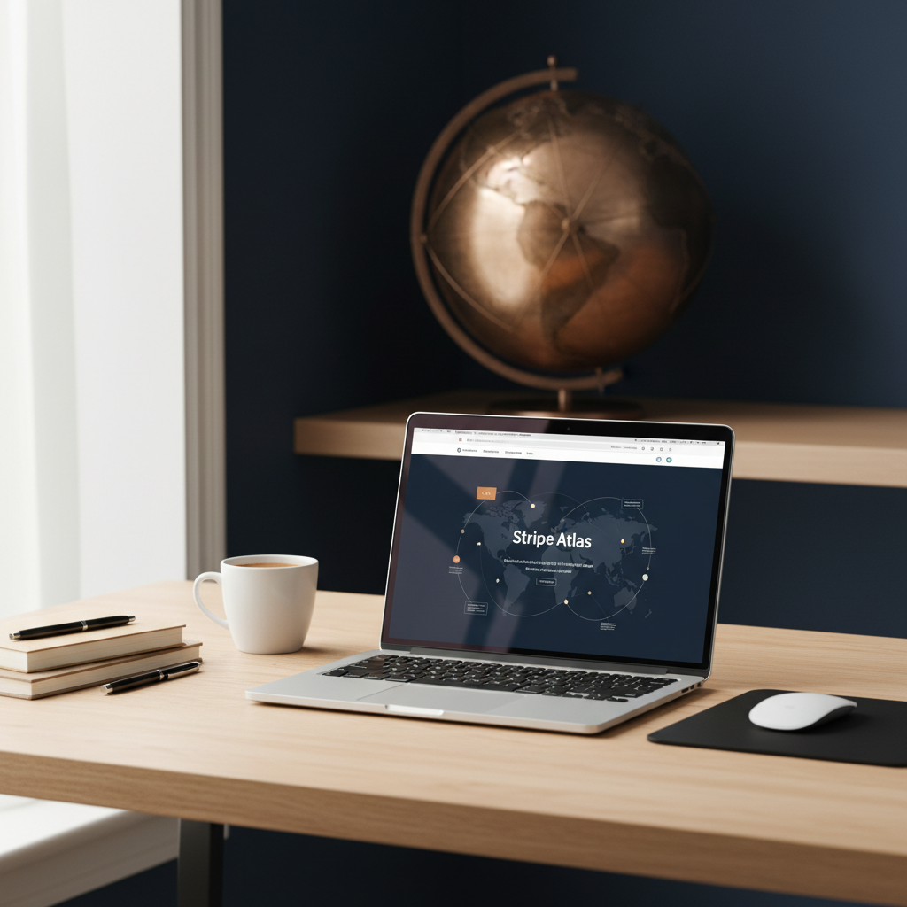 Non-US founder viewing Stripe Atlas website for US company formation strategy in 2026, with a world map behind the laptop.