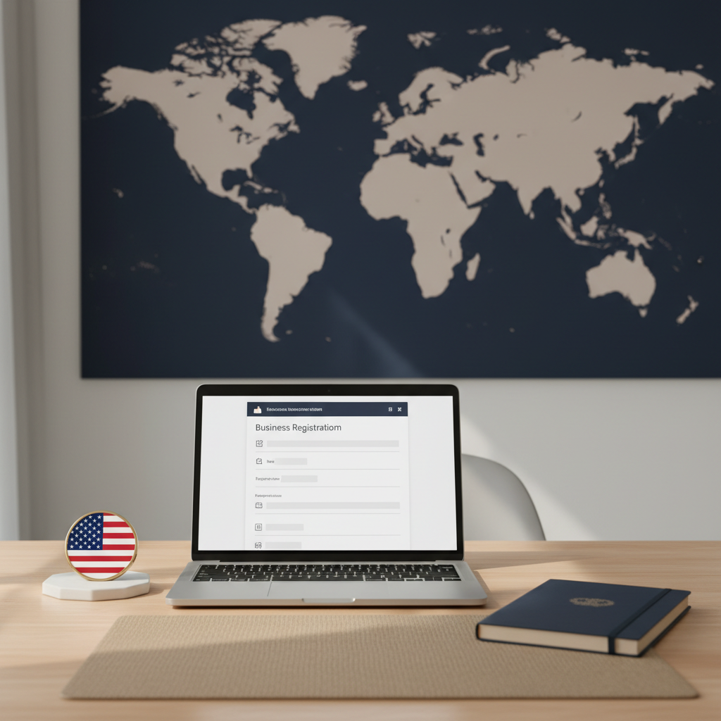 Non-US founder considering Stripe Atlas vs. US LLC choice on laptop in 2026