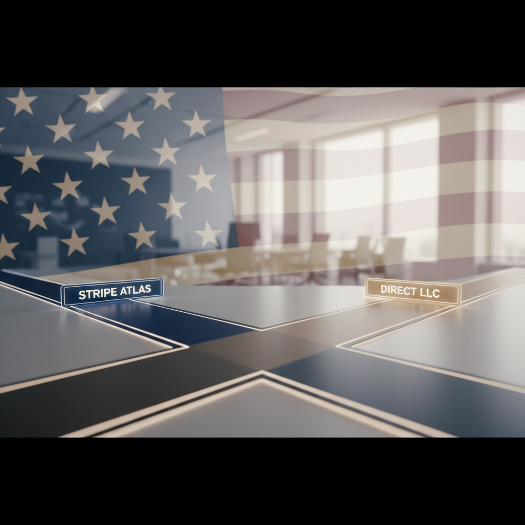 Comparison image of Stripe Atlas versus direct US LLC formation for non-US founders choosing a business setup in 2026.