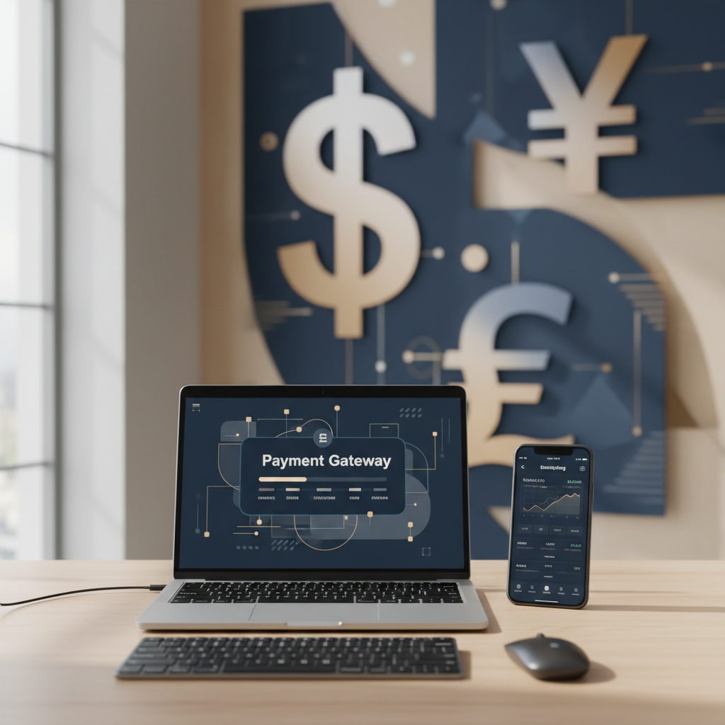Laptop displaying payment gateway alongside a phone banking app for US LLC payment processing in 2026