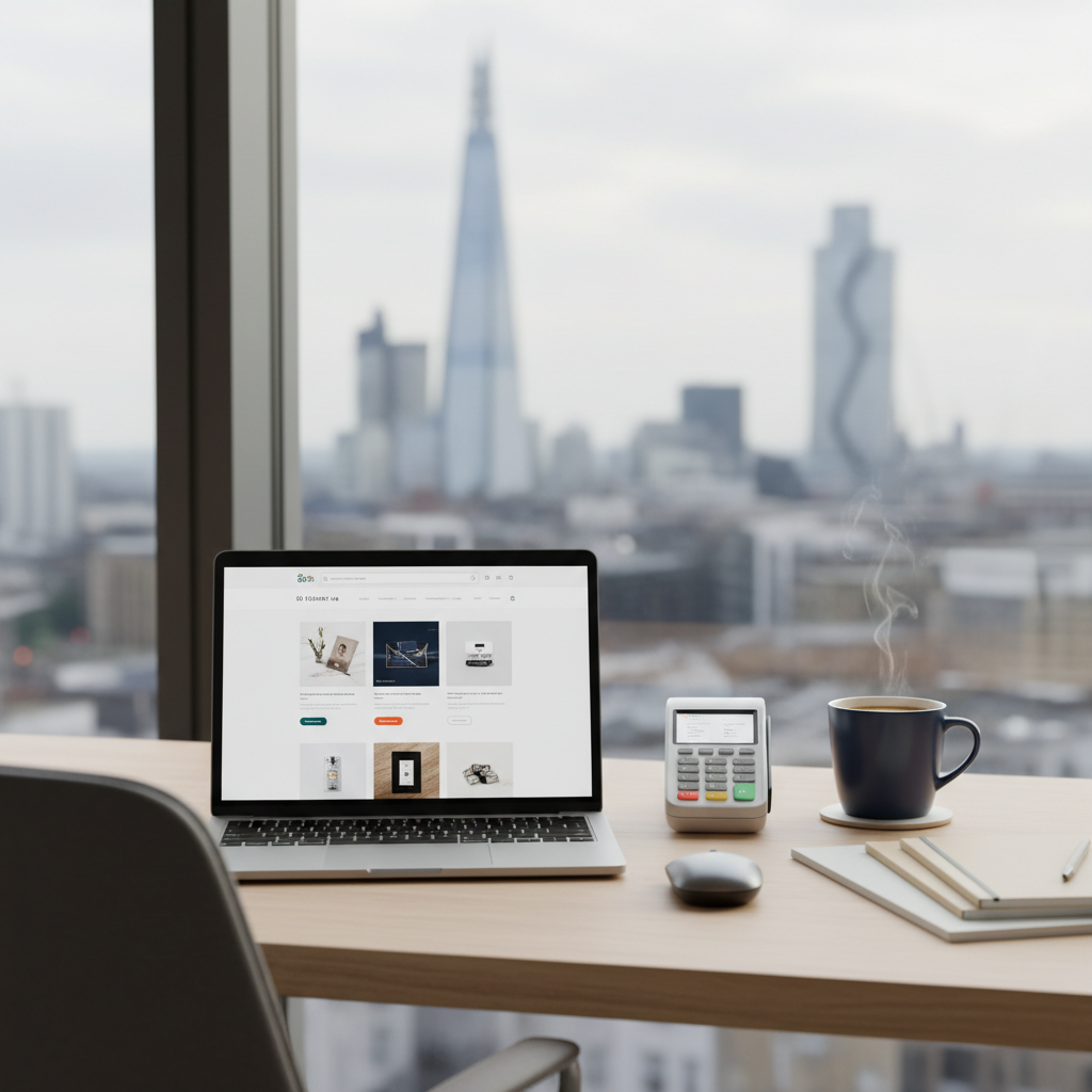 UK Limited company owner remotely managing e-commerce sales with fintech banking on laptop in 2026