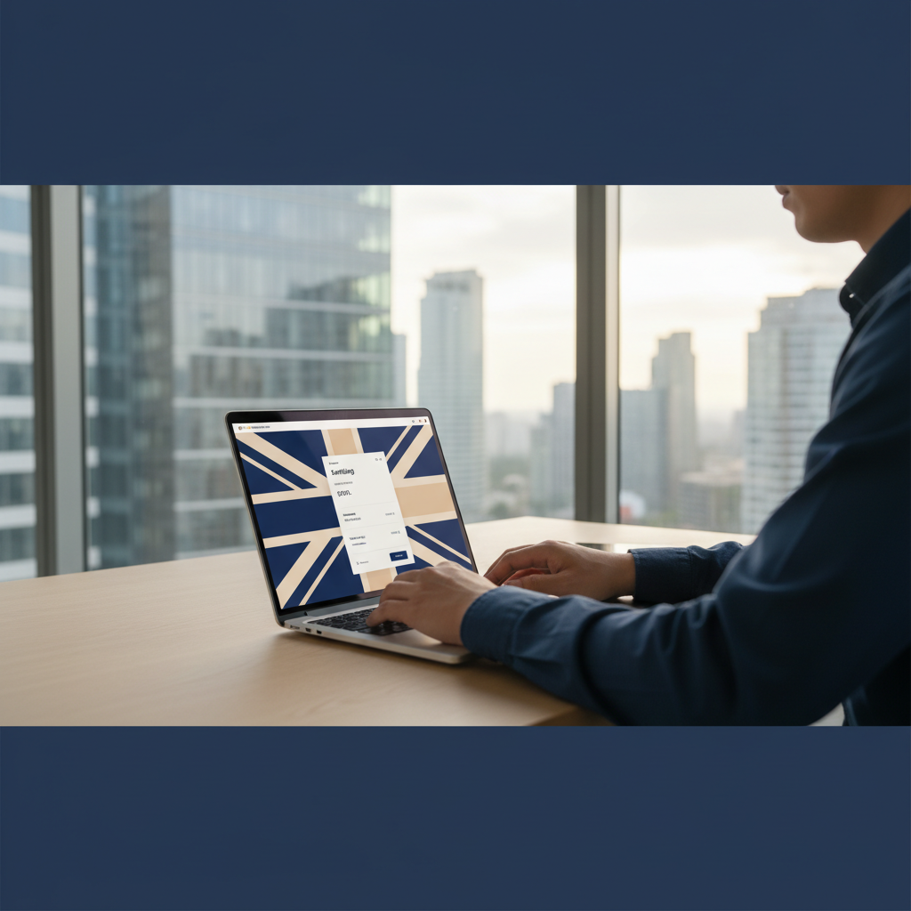 Non-resident working remotely on a laptop with UK banking app, illustrating accessible UK Ltd remote banking in 2026