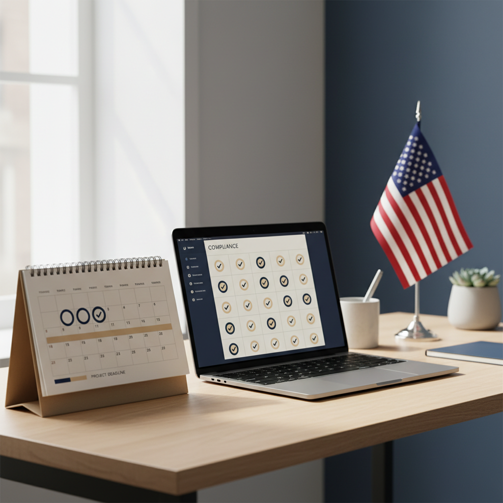 A detailed checklist on a laptop screen with a calendar of deadlines, symbolizing US LLC annual compliance for non-residents in 2026.