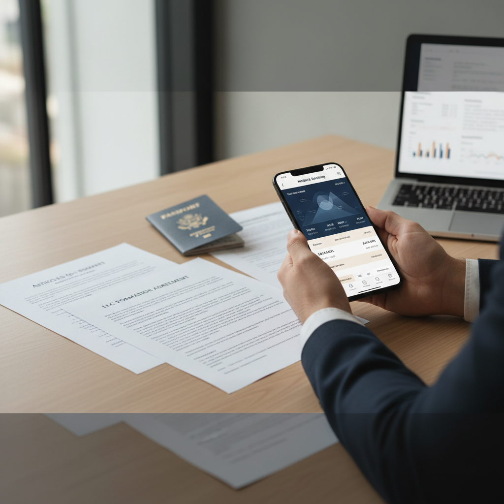 Non-US founder viewing US LLC bank account options on a smartphone, with passport and business documents on a desk, illustrating remote banking in 2026.