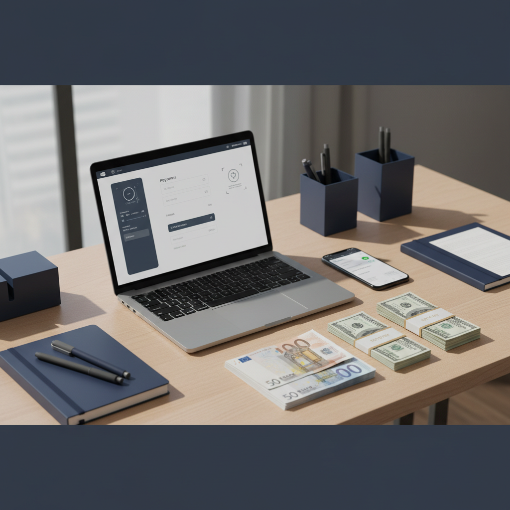 Non-US founder connecting a US LLC with an EU merchant account for international payments in 2026, showing a laptop and Euro currency