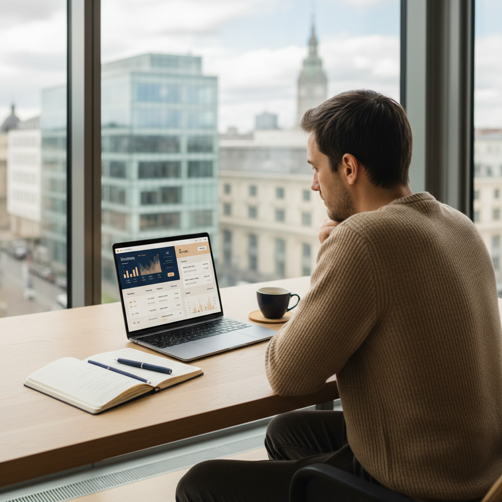 European founder remotely opening a US LLC bank account with a laptop, reflecting modern banking for non-residents in 2026.