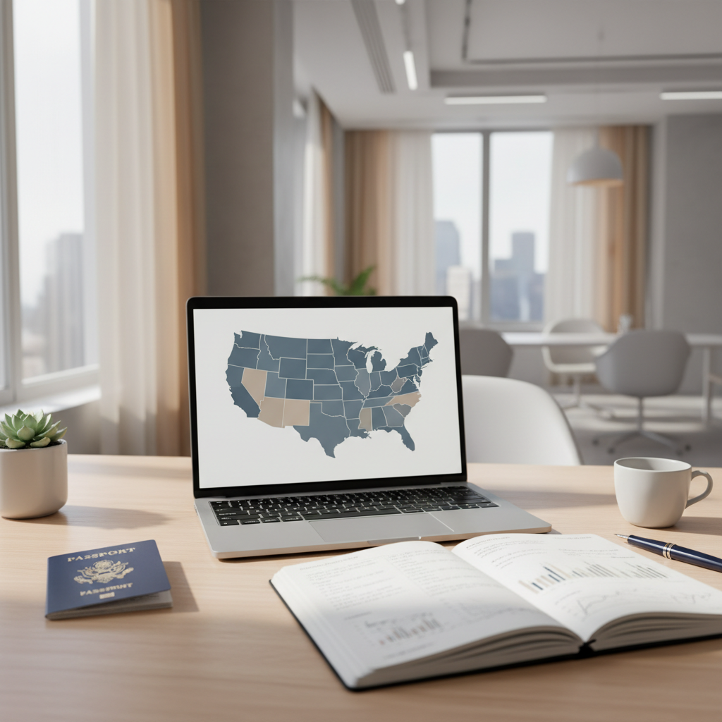 European founder setting up US LLC, laptop with US map, European passport, and business notes in 2026