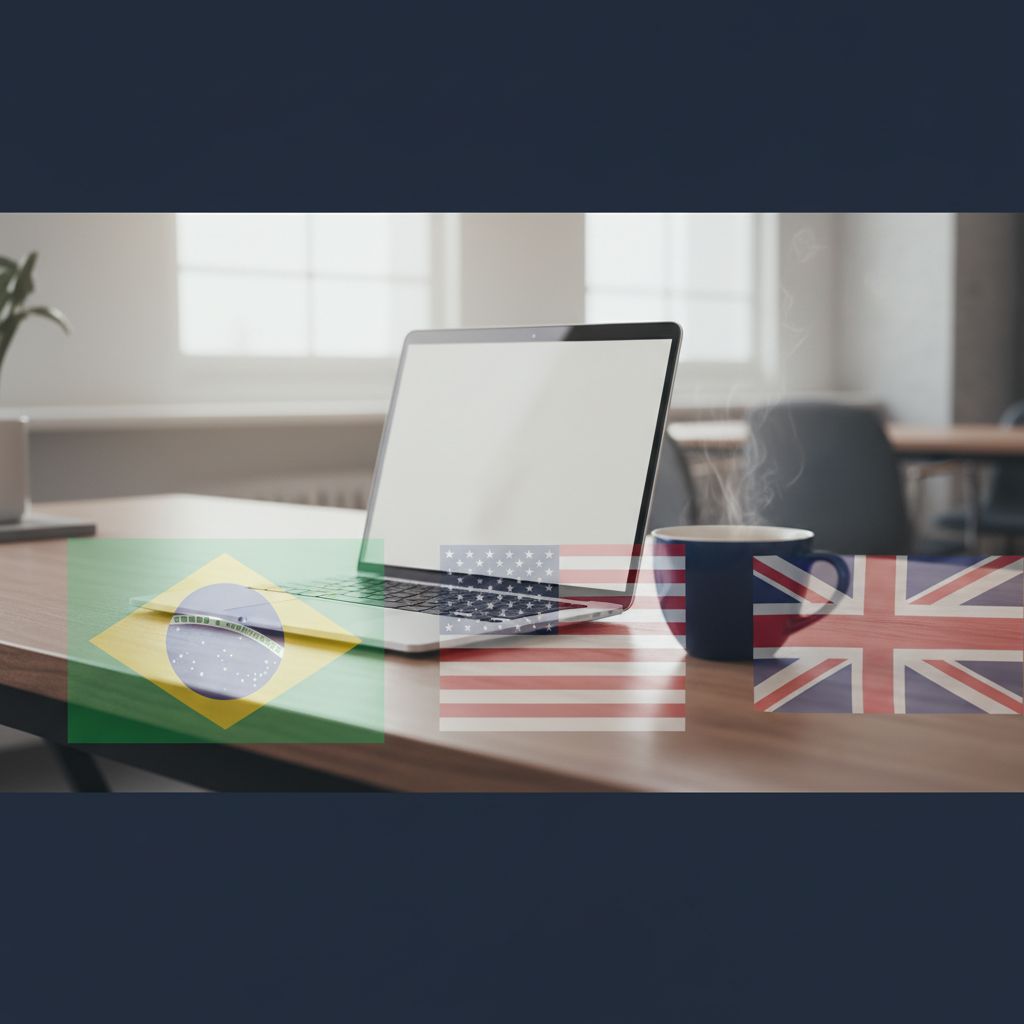 Brazilian founder planning global business with a US LLC and UK Ltd in 2026, showing three flags and a laptop