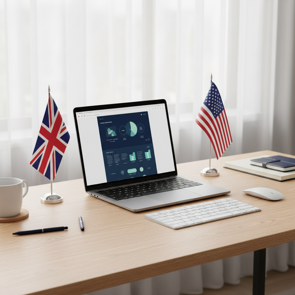 Desk setup with laptop, US and UK flags representing dual company strategy for non-resident course creators in 2026.