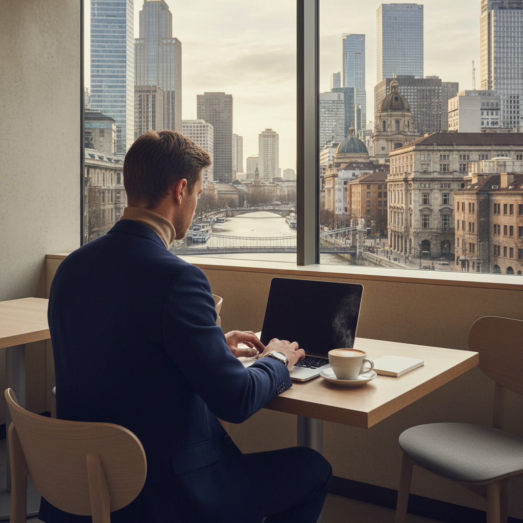 Digital nomad working remotely with a dual company strategy for US LLC and UK Ltd in 2026, showing global business operations