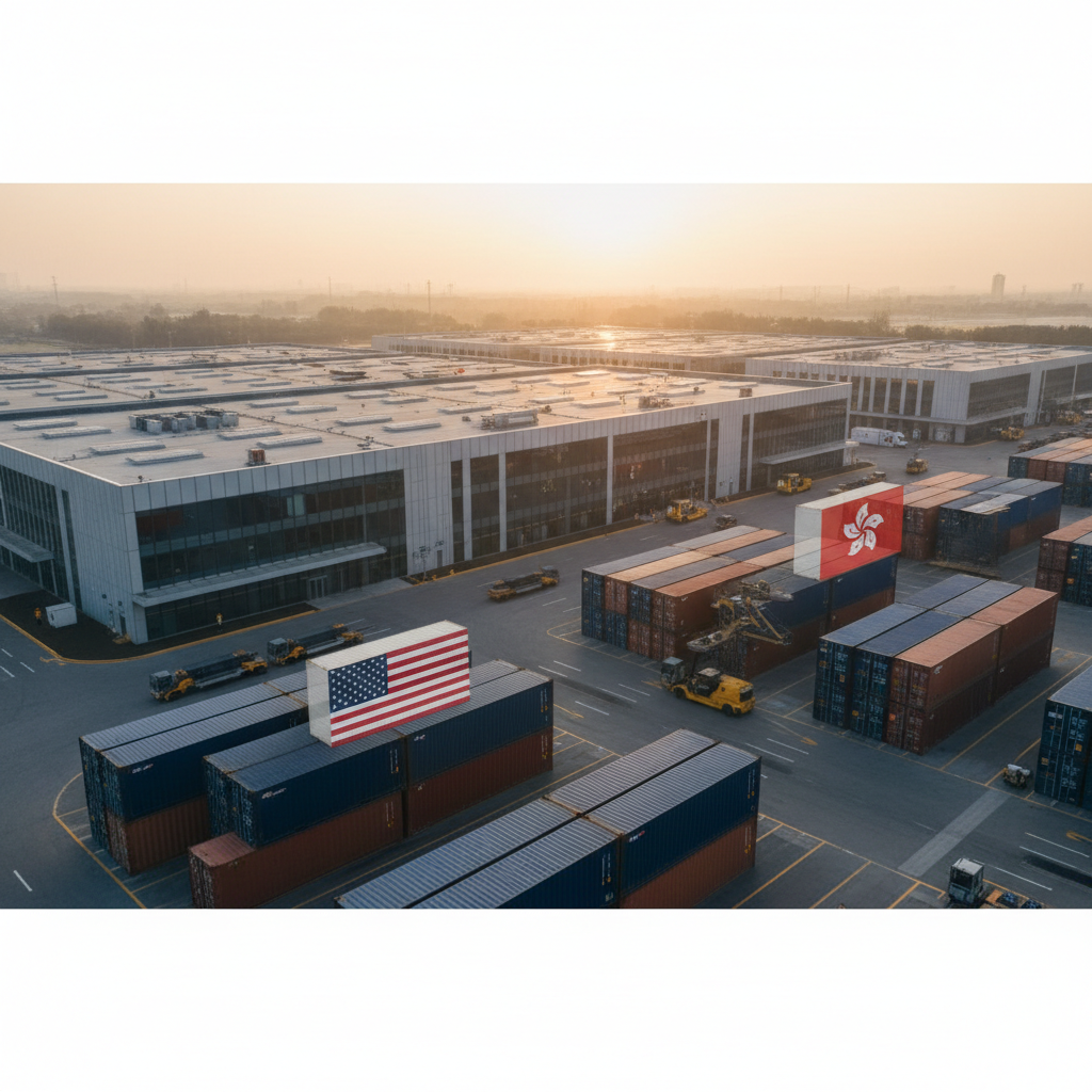 Aerial view of a modern e-commerce fulfillment center, highlighting the global reach for non-resident e-commerce founders in 2026