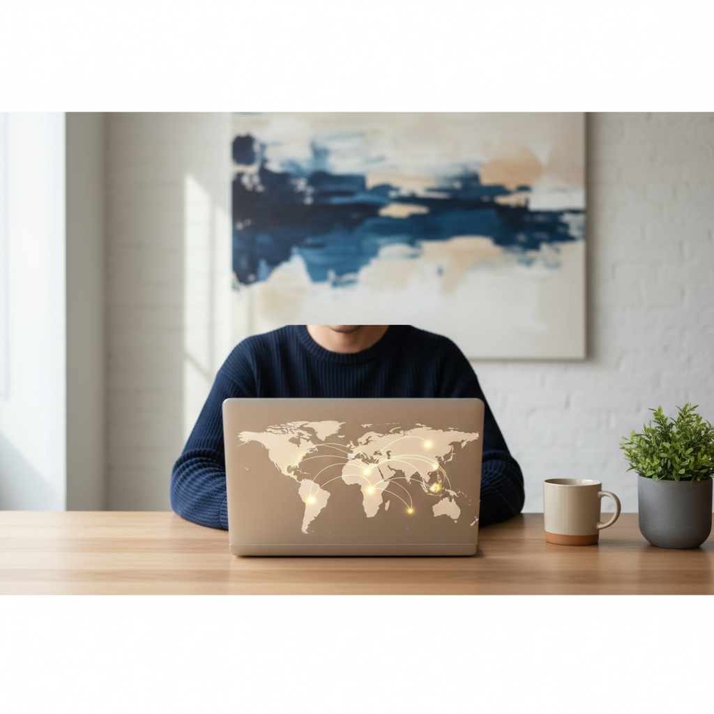 Digital nomad working remotely, comparing US LLC vs. Offshore IBC for their global business in 2026.
