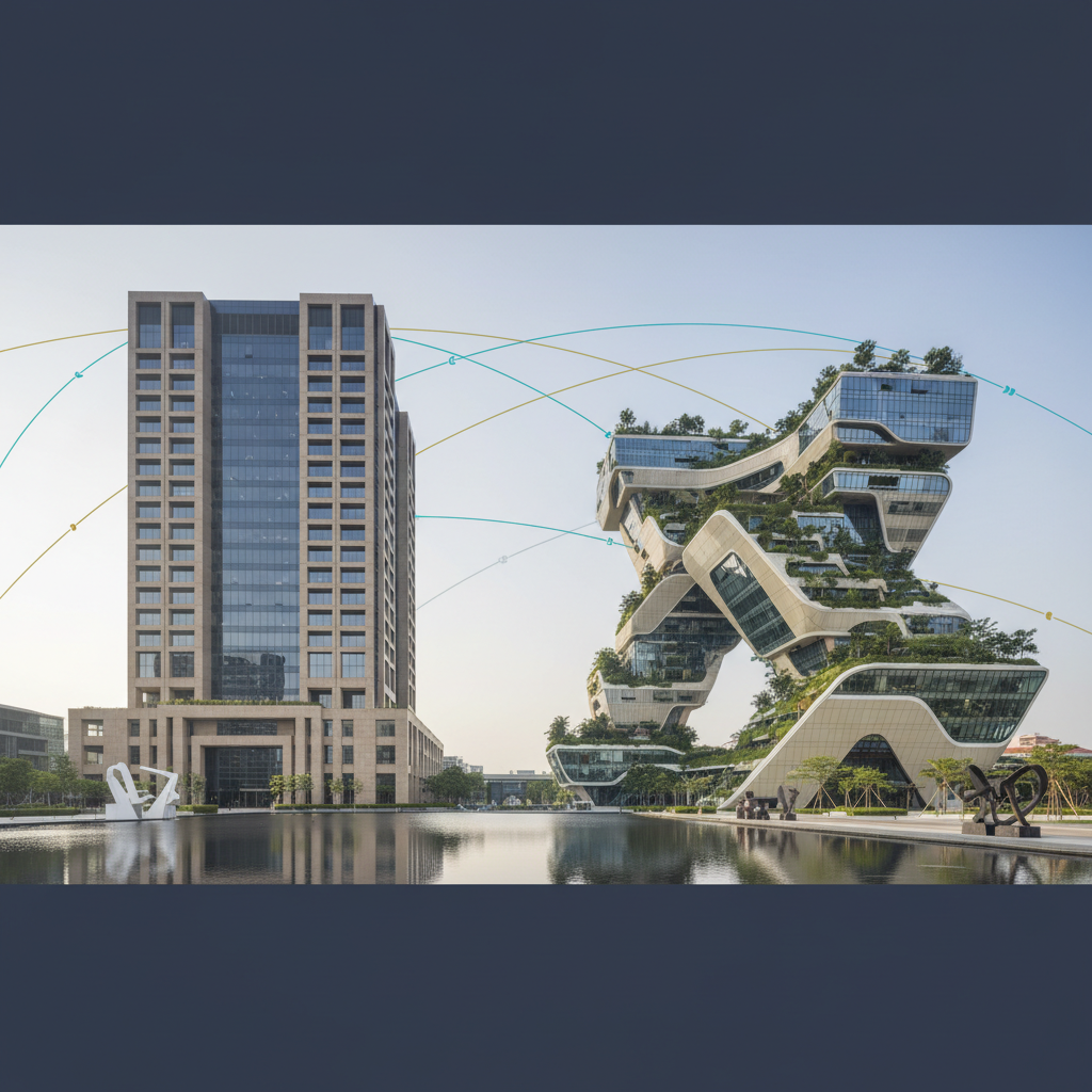 Side-by-side comparison of a US skyscraper and a Singapore modern building, symbolizing the choice between US LLC and Singapore Pte Ltd for global SaaS operations in 2026.