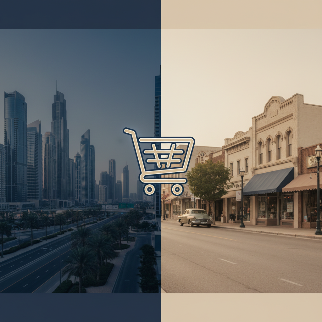 Comparison image of Dubai skyline and US street, symbolizing US LLC vs. UAE Free Zone for e-commerce non-residents in 2026