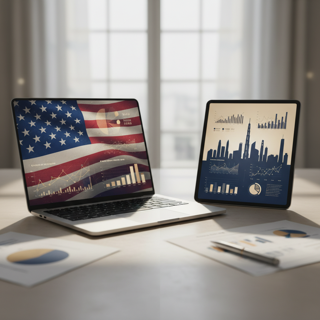 Comparison of a US LLC and a UAE Free Zone Company for non-US e-commerce businesses in 2026, showing digital screens with country-specific icons.