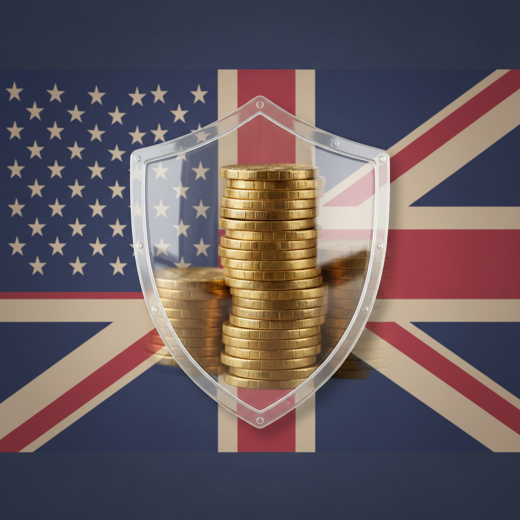 Close-up of a clear, modern shield protecting a stack of gold coins, symbolizing strong US LLC vs UK Ltd asset protection for non-residents in 2026.