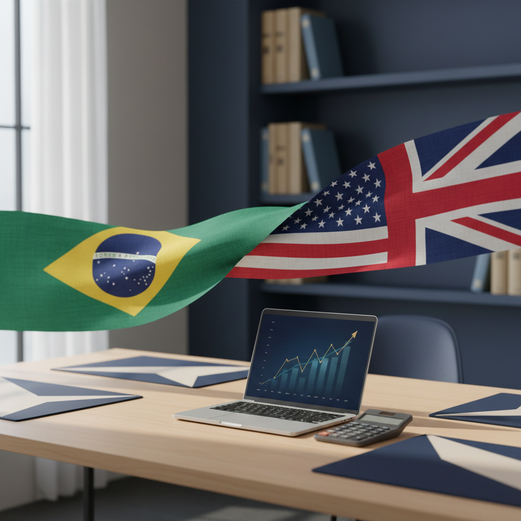 Flags of Brazil, USA, and UK with business tools, symbolizing international business and tax comparison for Brazilian founders in 2026