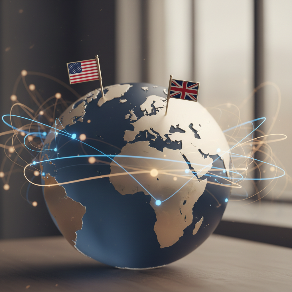 Map showing the United States and United Kingdom with business activity over them comparing US LLC vs UK Ltd for non-residents