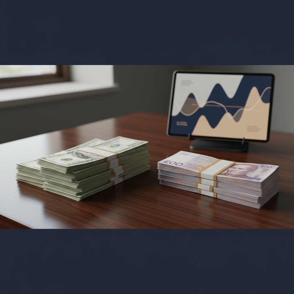 US Dollar and British Pound currency stacks on a desk, representing the financial comparison of US LLC and UK Ltd for non-resident digital product sellers in 2026.